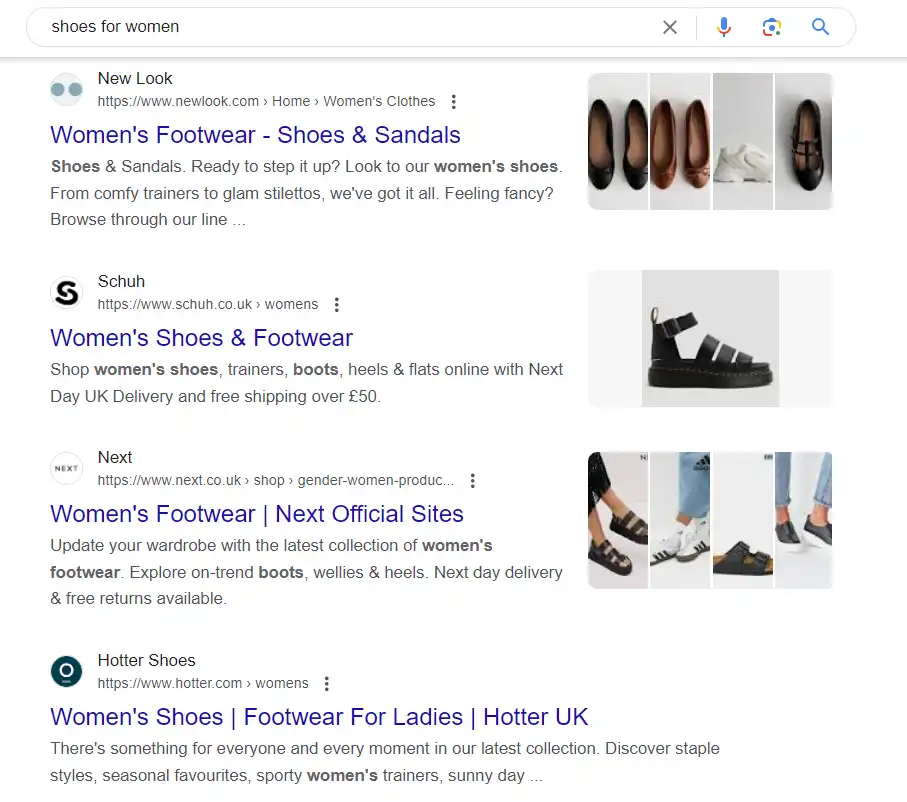 Top ranking organic search results for womens shoes