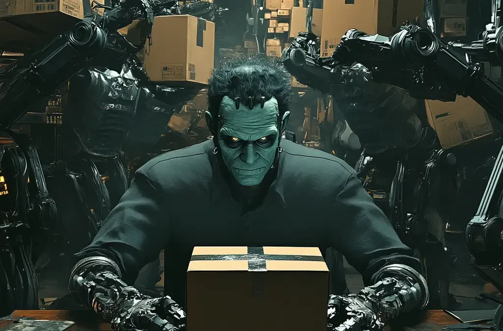 Frankenstein in a warehouse assisted by robots for dropshipping products.