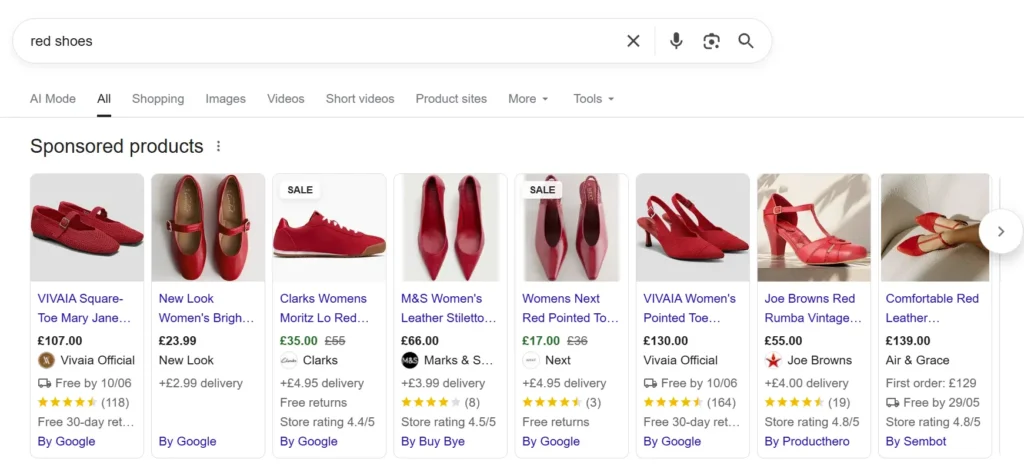 An example of Google Shopping with red shoes as a search term