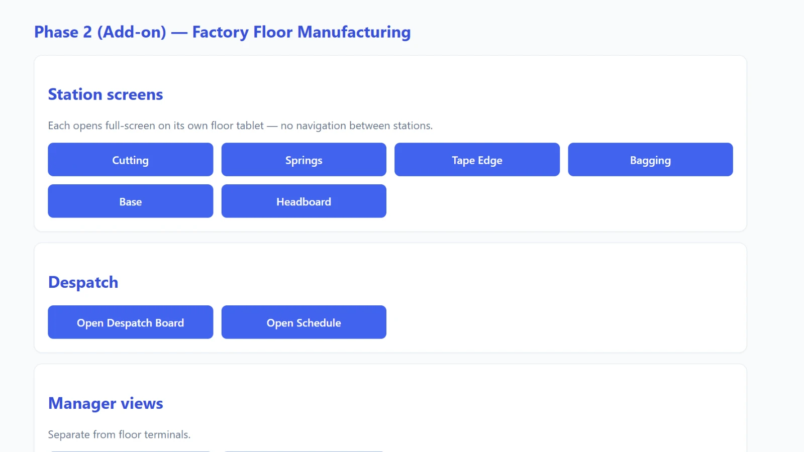 Factory floor manufacturing system with touchscreen stations and live production overview