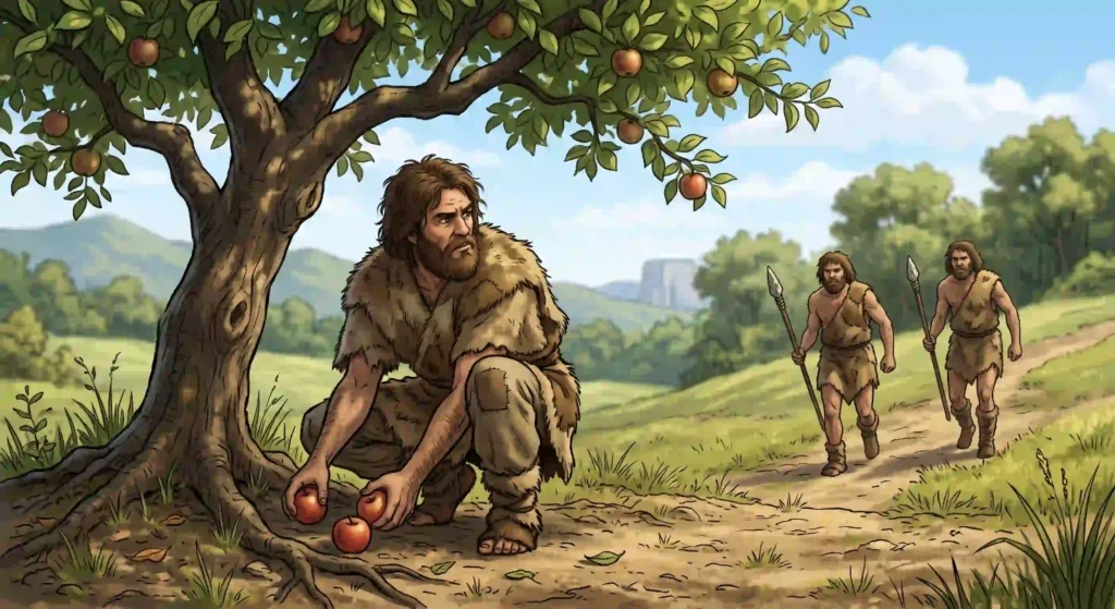A caveman worried about scarcity under a tree