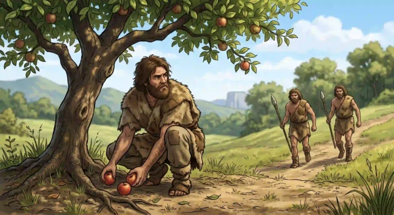 A caveman worried about scarcity under a tree