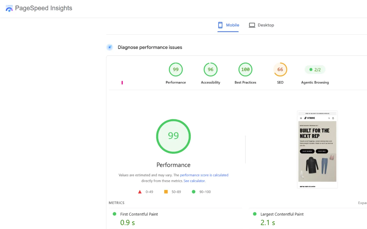 PageSpeed Insights mobile score of 99 for the STRIVE headless Shopify demo