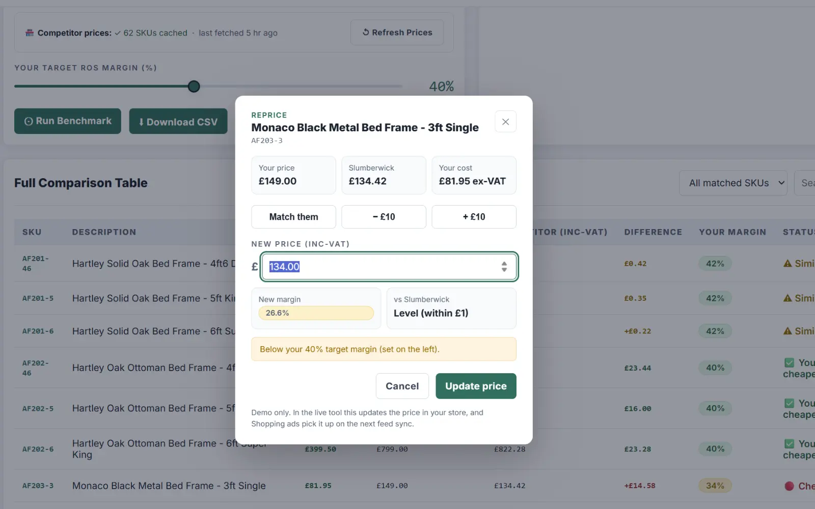 Reprice box showing your price, competitor price, your cost and the new margin before updating